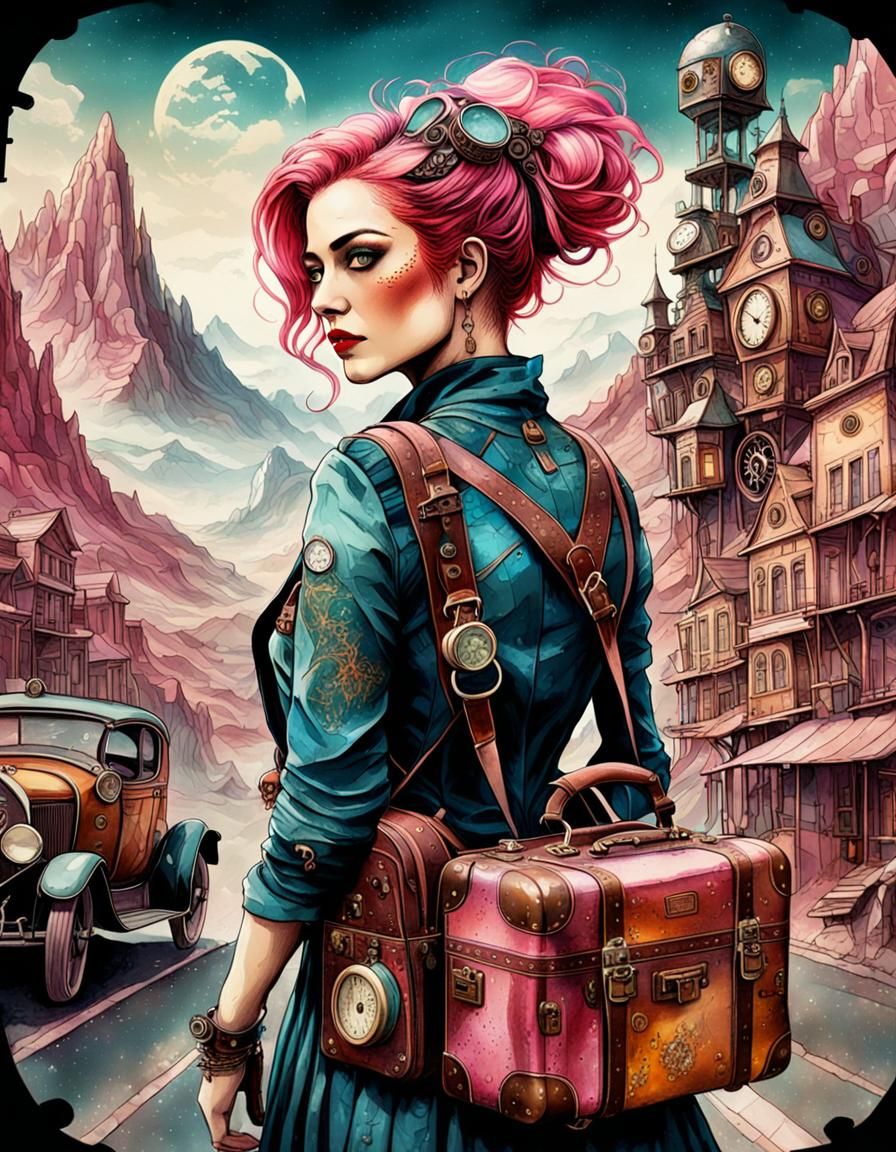 Steampunk Girl on Travel Postcard in Lithography Style