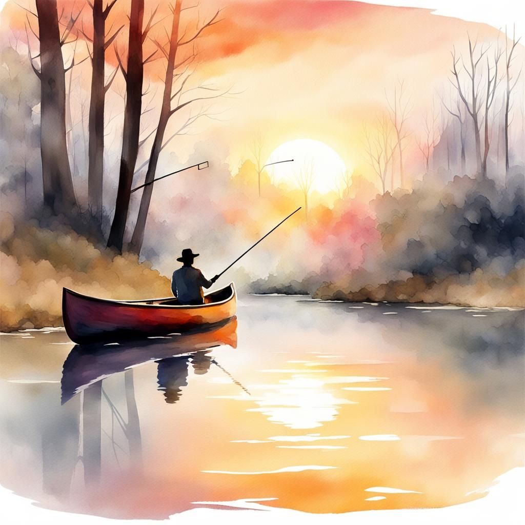 Canoeing at Sunset: Digital Watercolor Painting