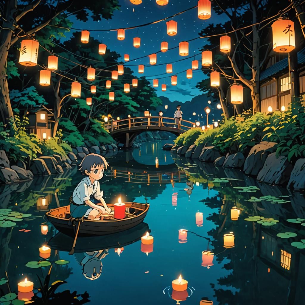 Ghibli-esque Summer Night Lanterns on River