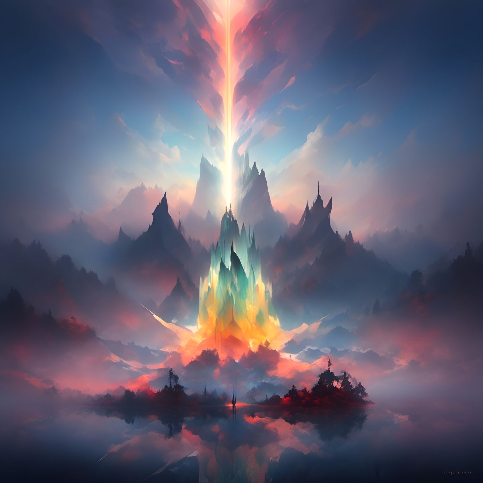 Lighthouse Shines in Twilight, Colorful Digital Art