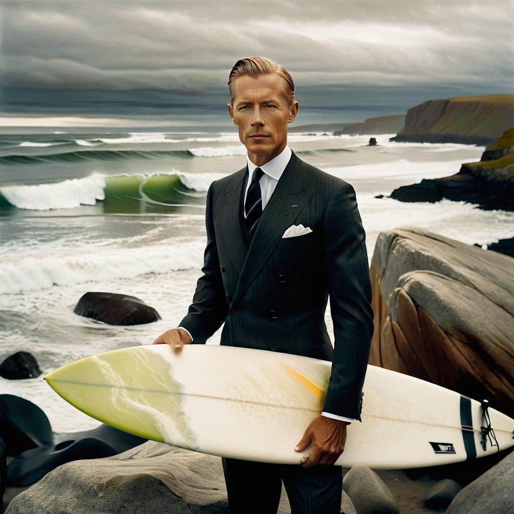 Man in Suit with Surfboard: Hyperrealistic Oil Painting