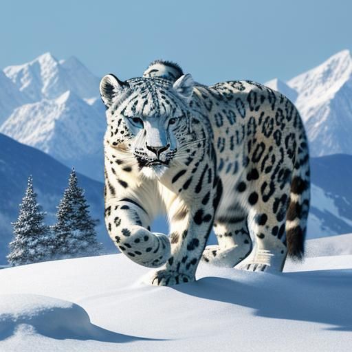 Snow Leopard in Snowy Mountains: Hyperrealistic Splash Art