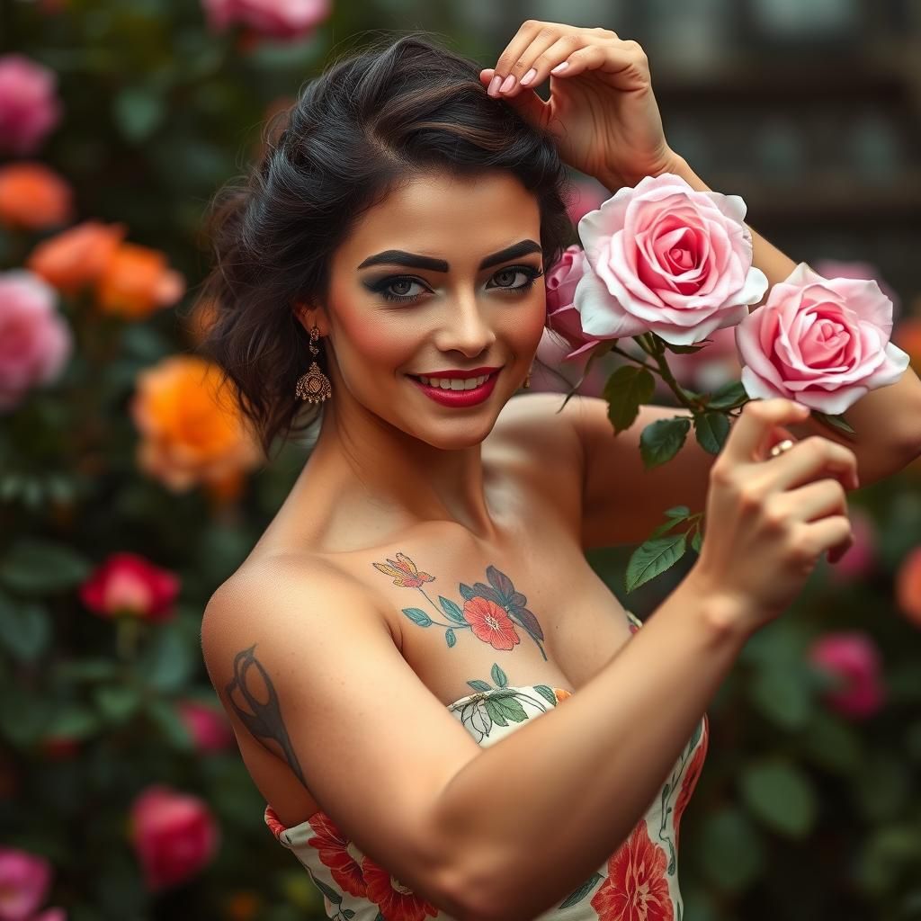 Brunette Woman Dancing with Garden Roses