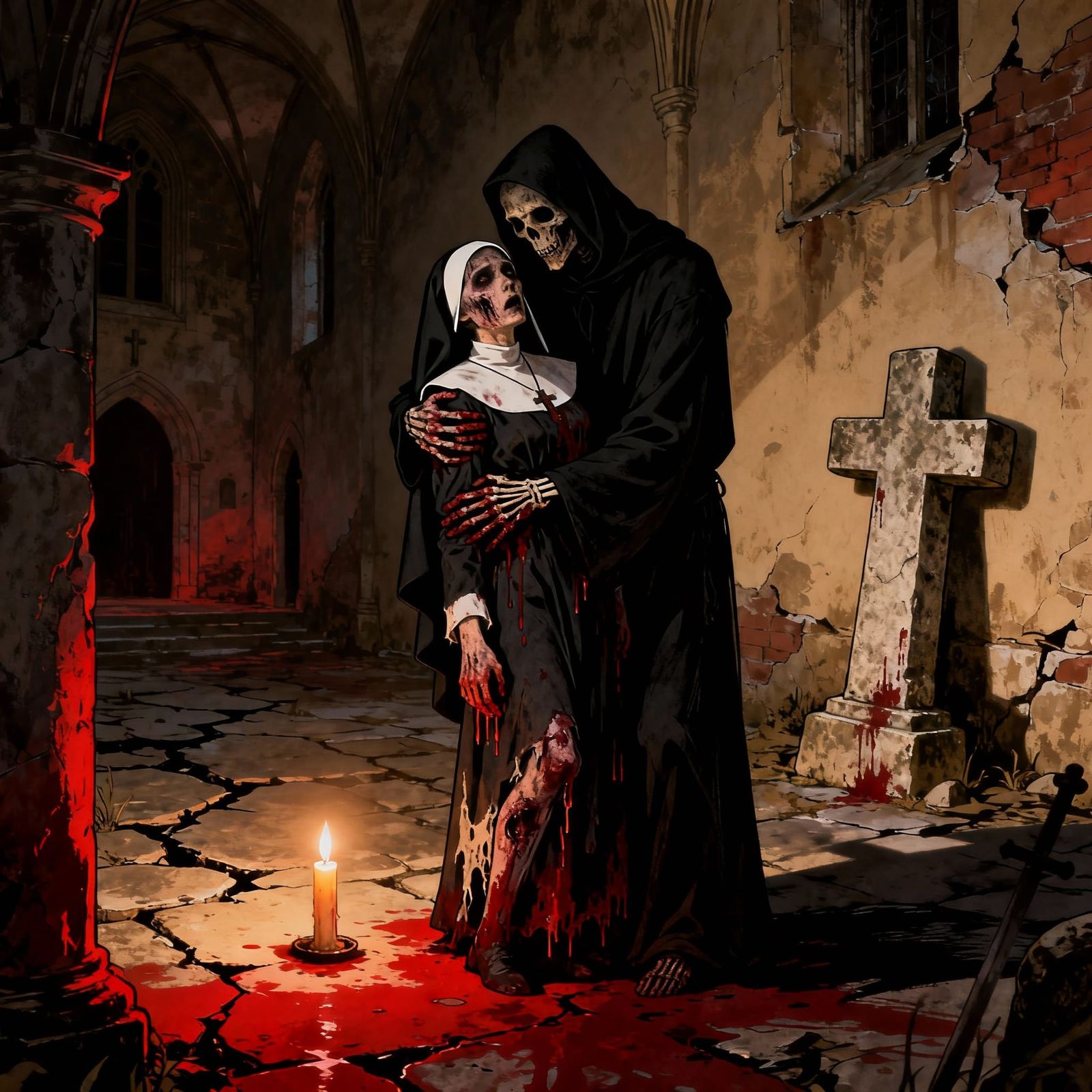 Death Embraces Zombie Nun in Desolate Convent Courtyard
