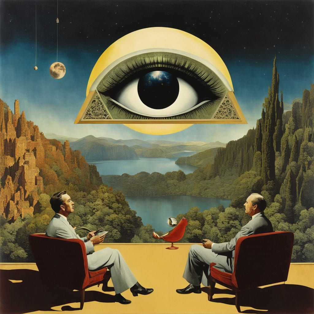 Cosmic Surrealist Waiting Room with All-Seeing Eye