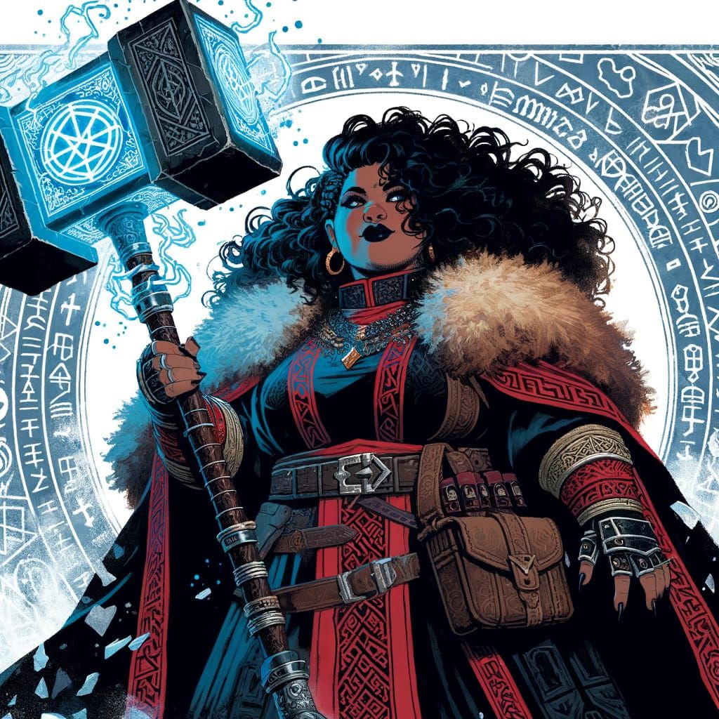 Hispanic Dwarf Cleric Wielding Warhammer in Comic Book Style