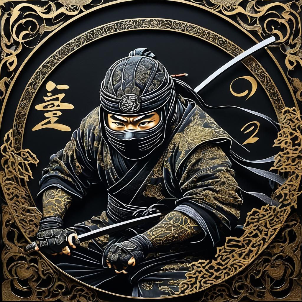 Ninja in Kakejiku Painting with Filigree Calligraphy