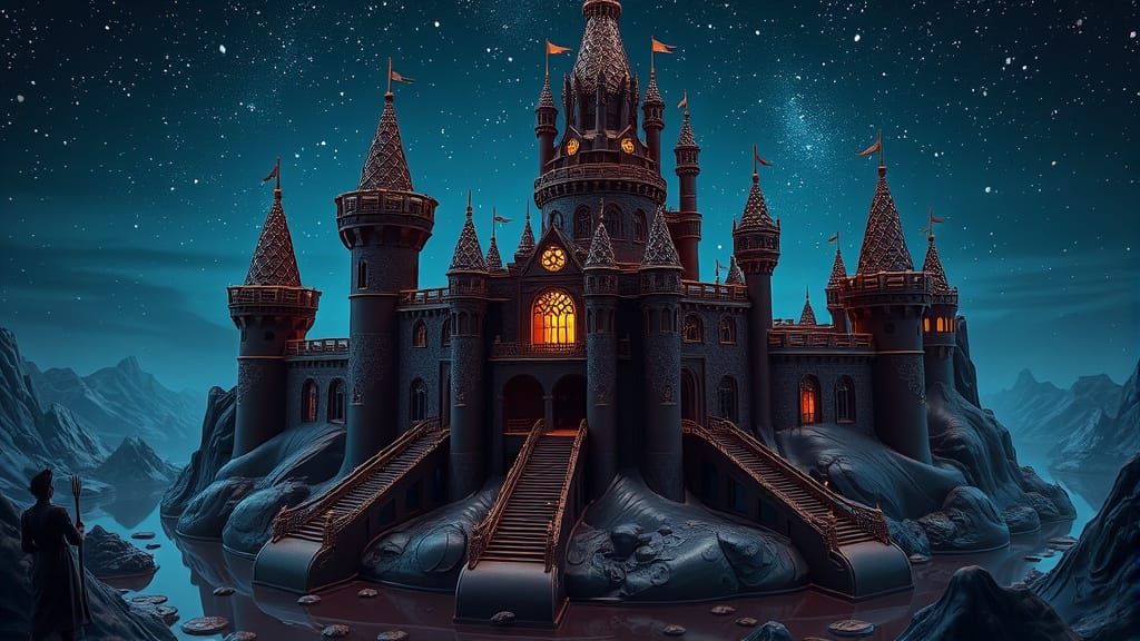 Chocolate Castle Under Starry Sky, Detailed Matte Painting