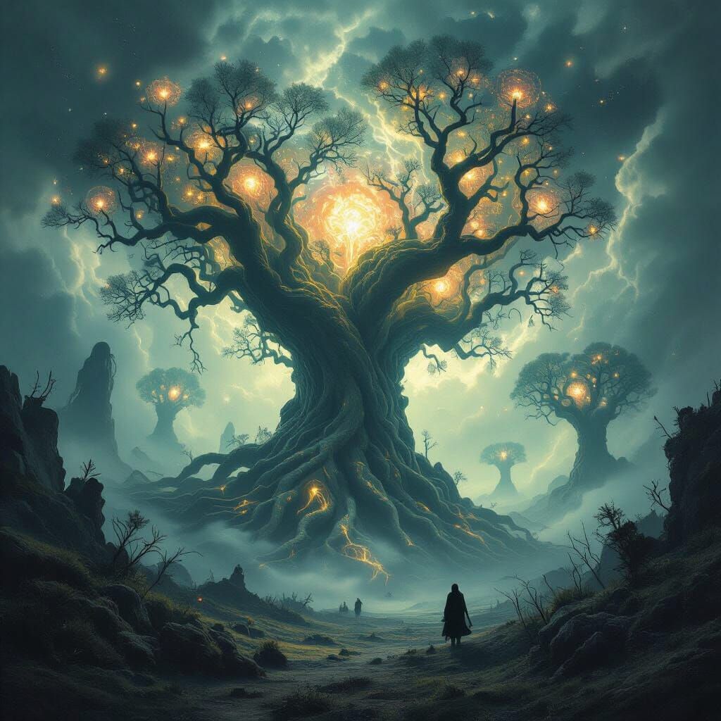 Surreal Cosmic Void with Alien Flora and Twisted Trees