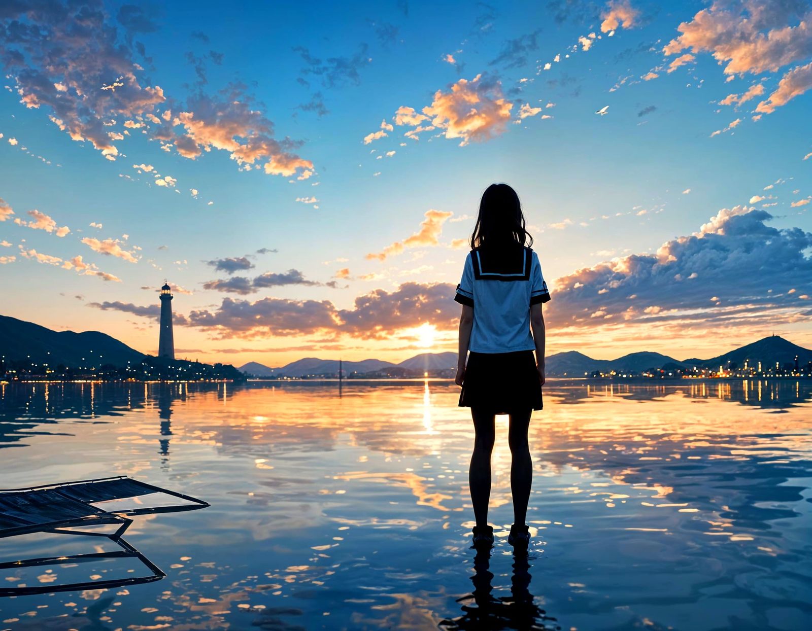 Girl Standing at Lighthouse Railing against Sunset Cityscape