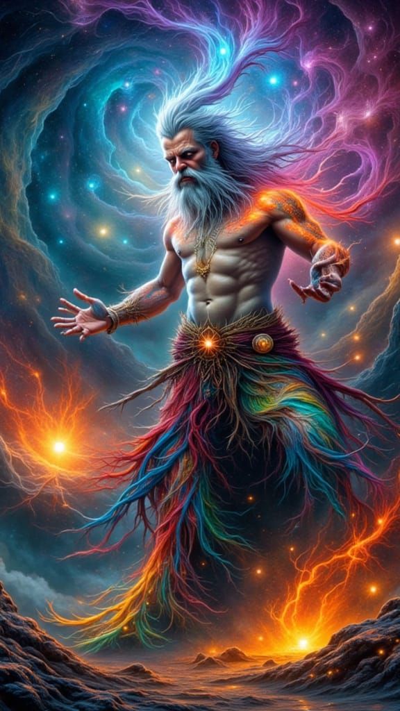 Surreal Rainbow Lightning Man Casting Powerful Spells