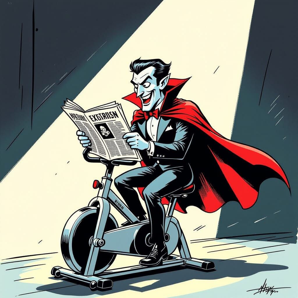Cartoon Vampire Reads Newspaper on Exercise Bike