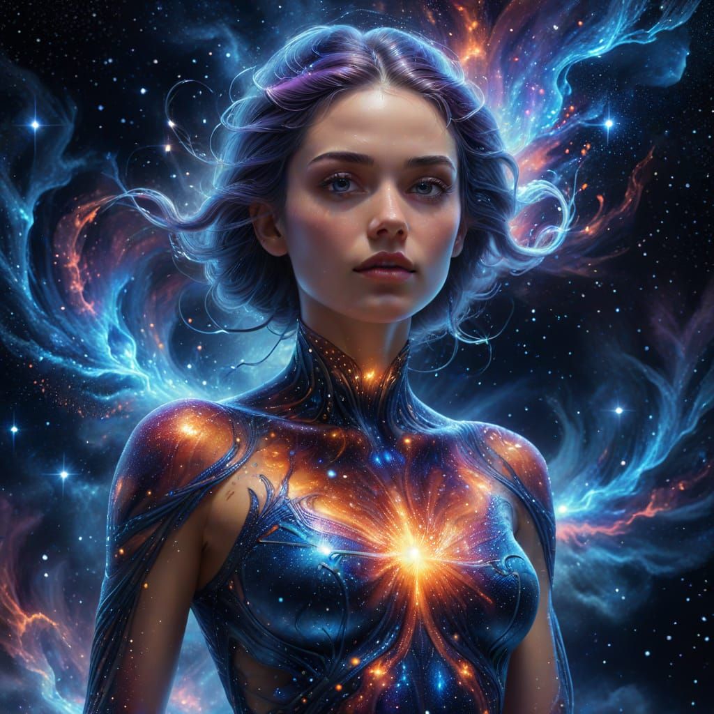 Ethereal Woman Emerging from Nebula in Cosmic Surrealism