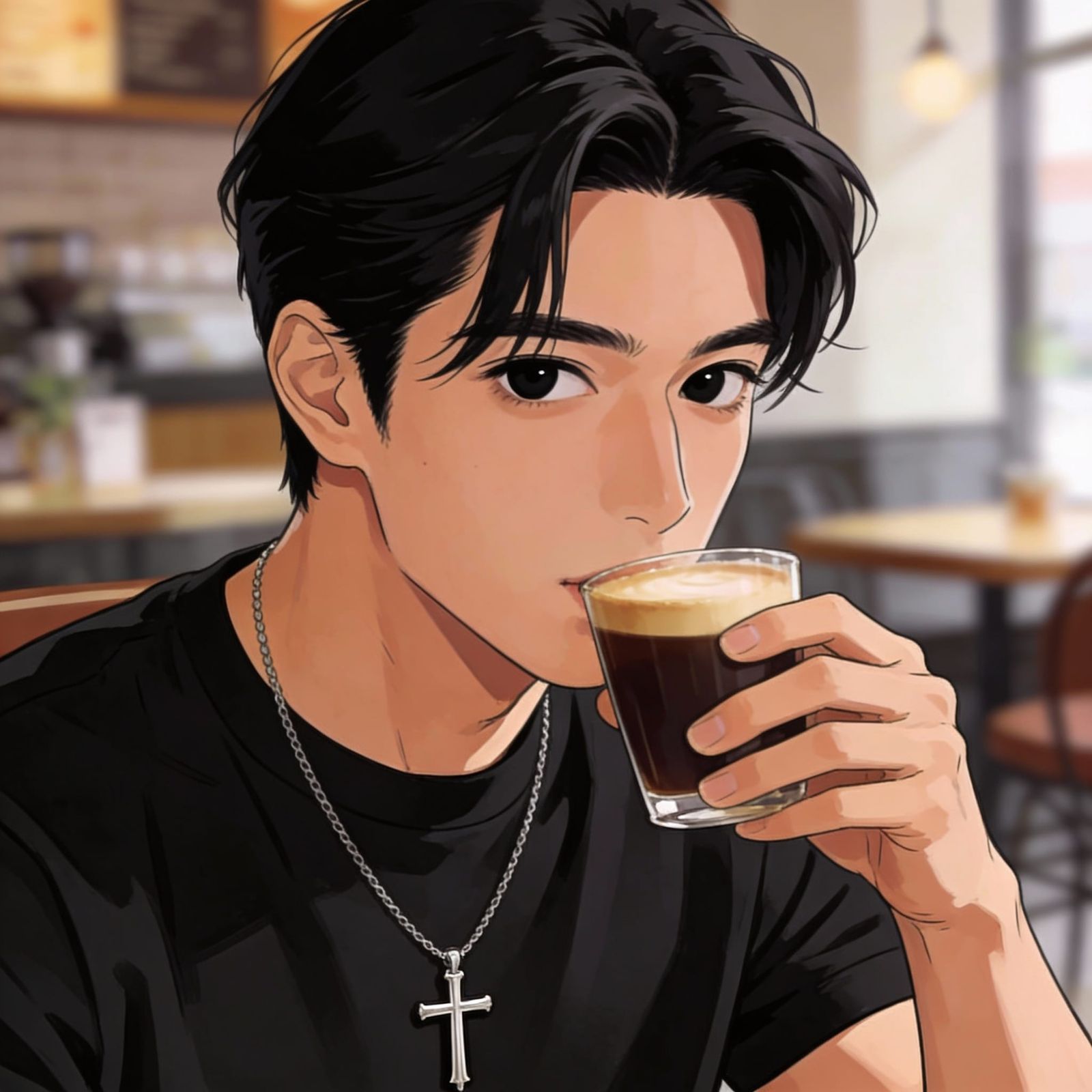 Man with Black Hair Drinking Coffee in Cafe, Webtoon Style