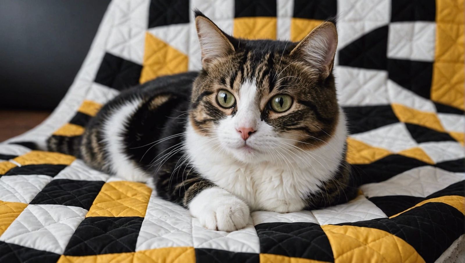 Tri-Colored Cat Relaxing on Quilted Blanket