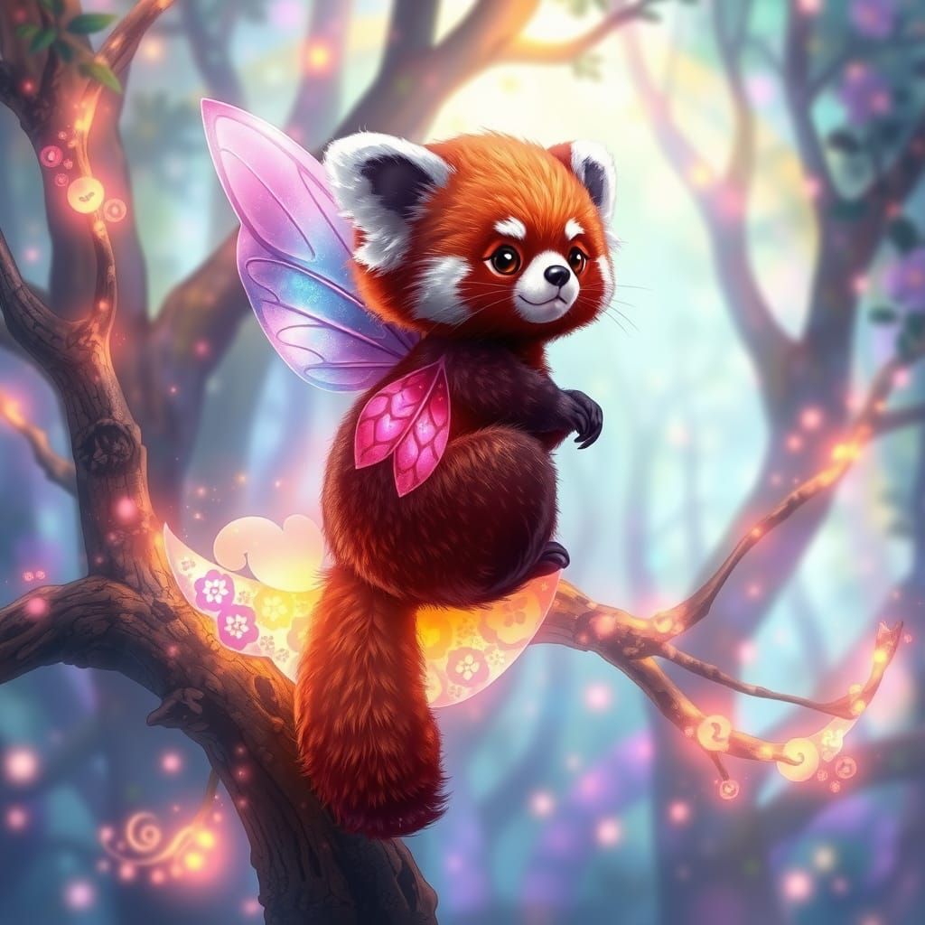 Whimsical Red Panda with Butterfly Wings in Dreamlike Forest