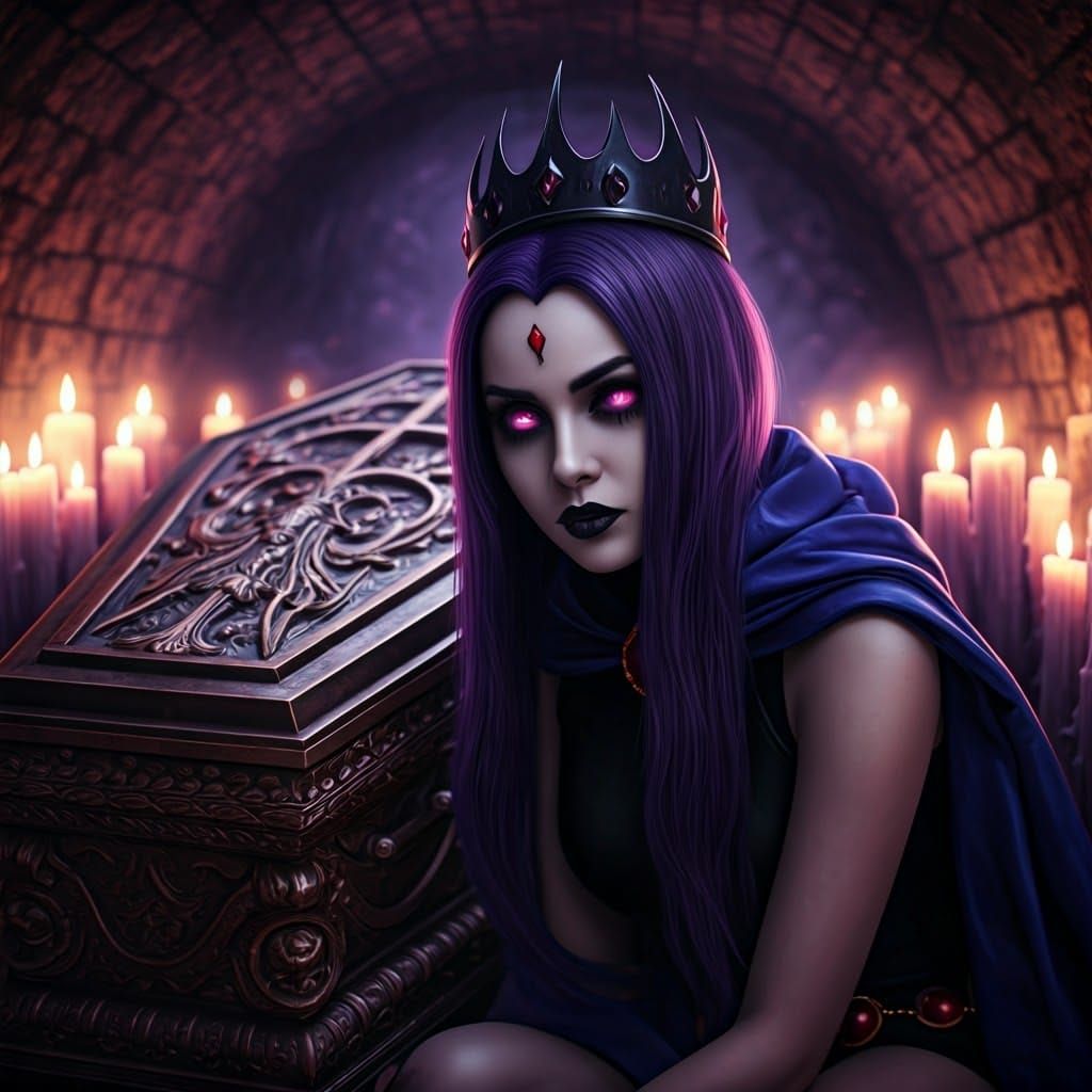 Dark Elegance: Goth Teen Titans Raven in Ominous Coffin Scen...