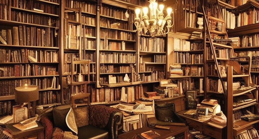 Cluttered Arcane Library in Heavy Metal Style