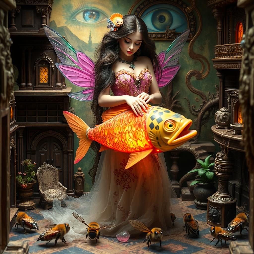 Surreal Dollhouse Scene with Longhaired Woman