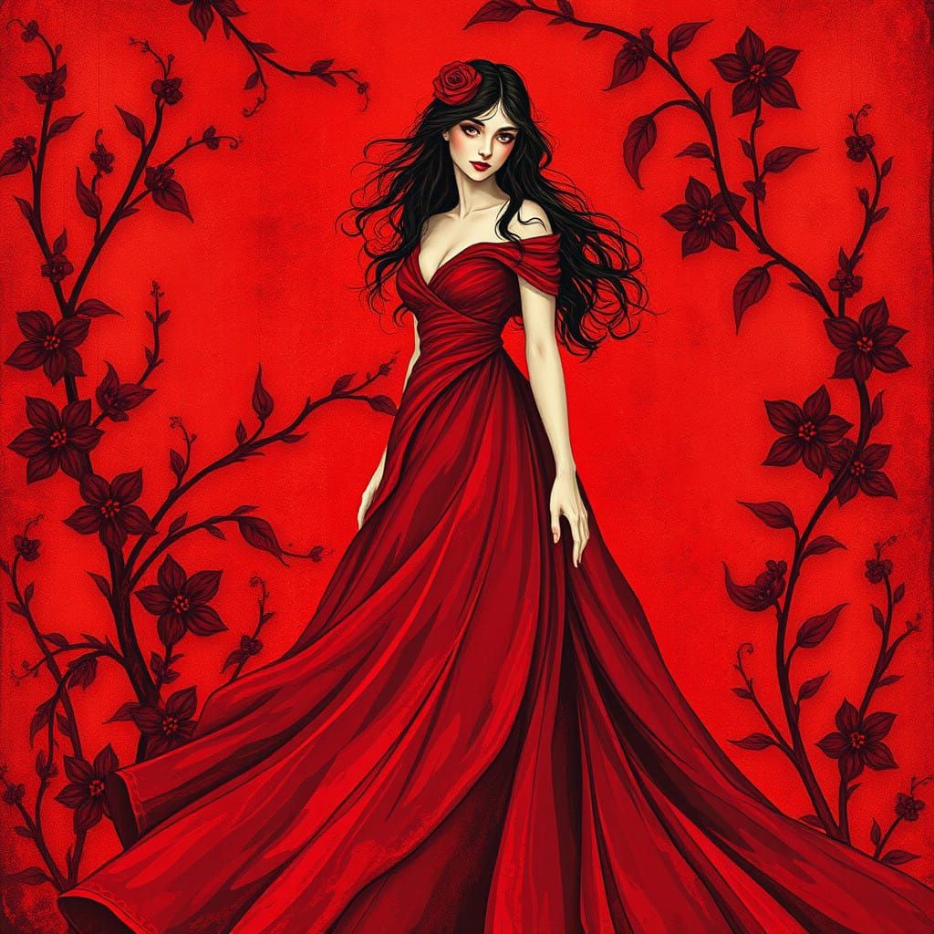 Whimsical Red Goddess in a Crimson Dreamscape
