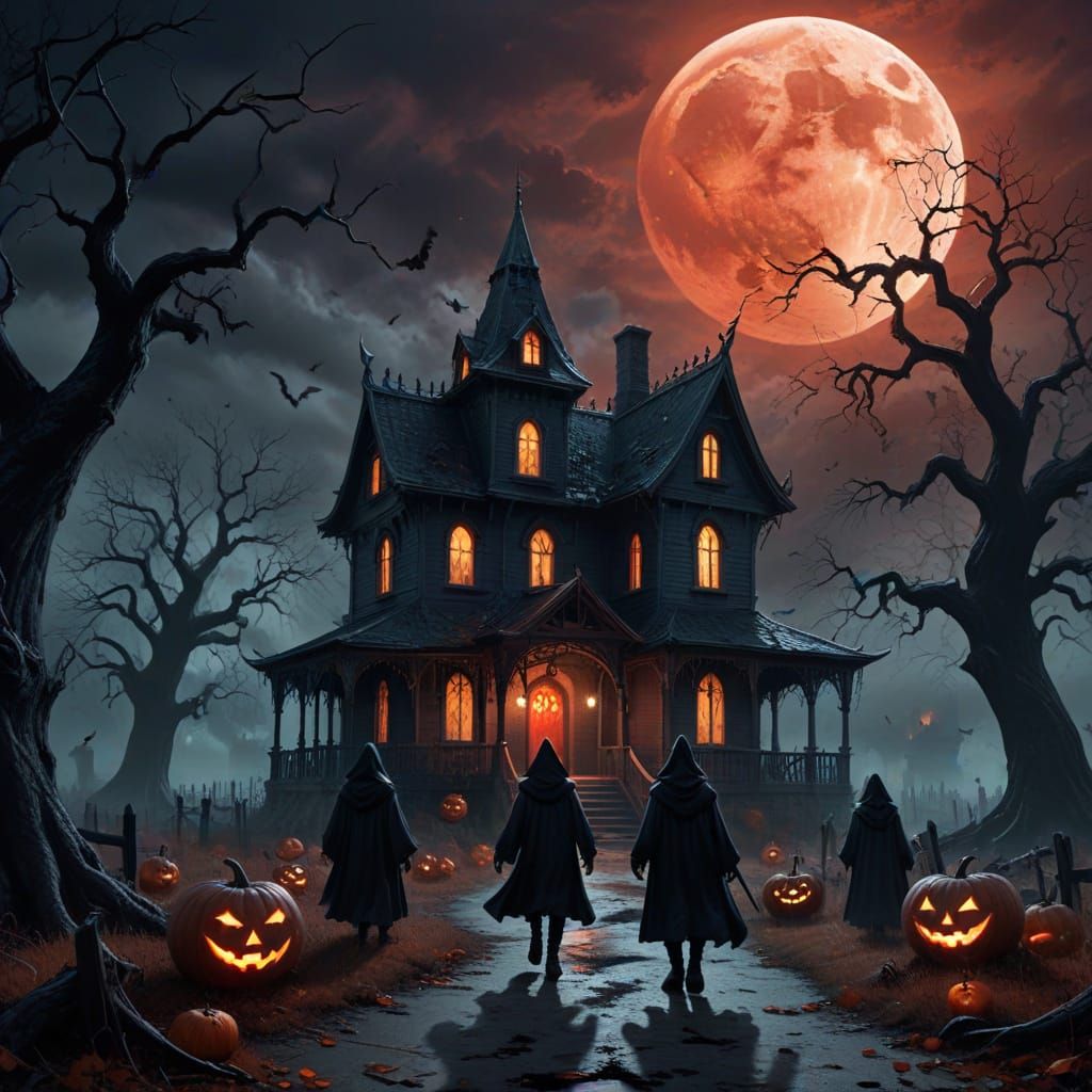 Surreal Halloween Night With Haunted Houses And Costumed Chi...
