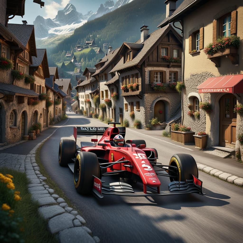 F1 Car Races Through Swiss Alps: Digital Art