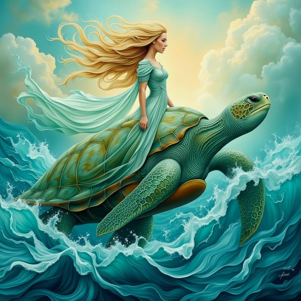 Aquatic Goddess Rides Turtle in Epic Fantasy Painting