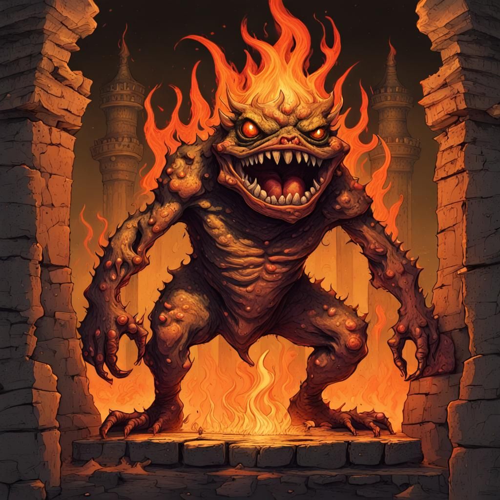 Grotesque Toad Demon in Flame Temple: Ink and Acrylic Art