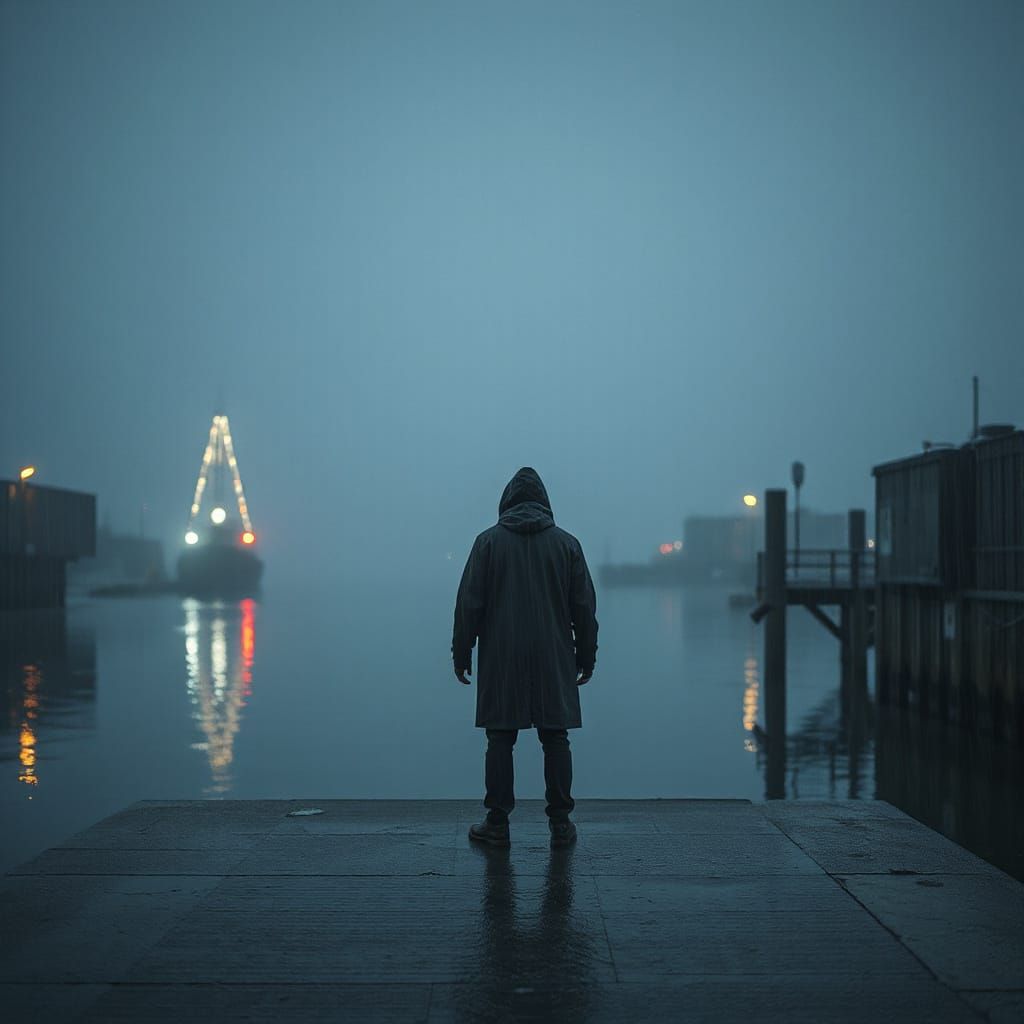 Gloomy Seaport at Dusk with Blurred Lights