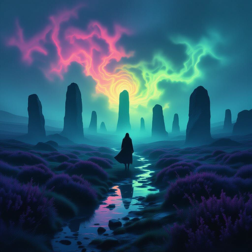 Neon Moorland Nightmare: Standing Stones in Toxic Mist