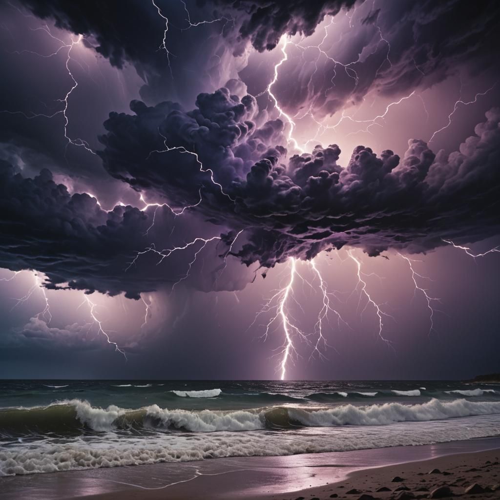 Dramatic Lightning Storm Over Beach as Expressionist Paintin...
