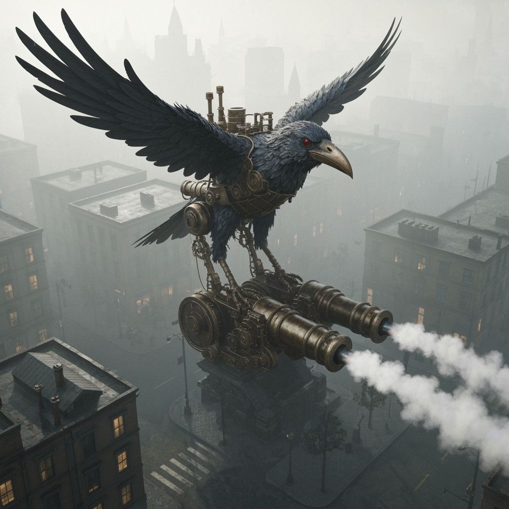 Steampunk Raven Ornithopter Soaring Over Metropolis