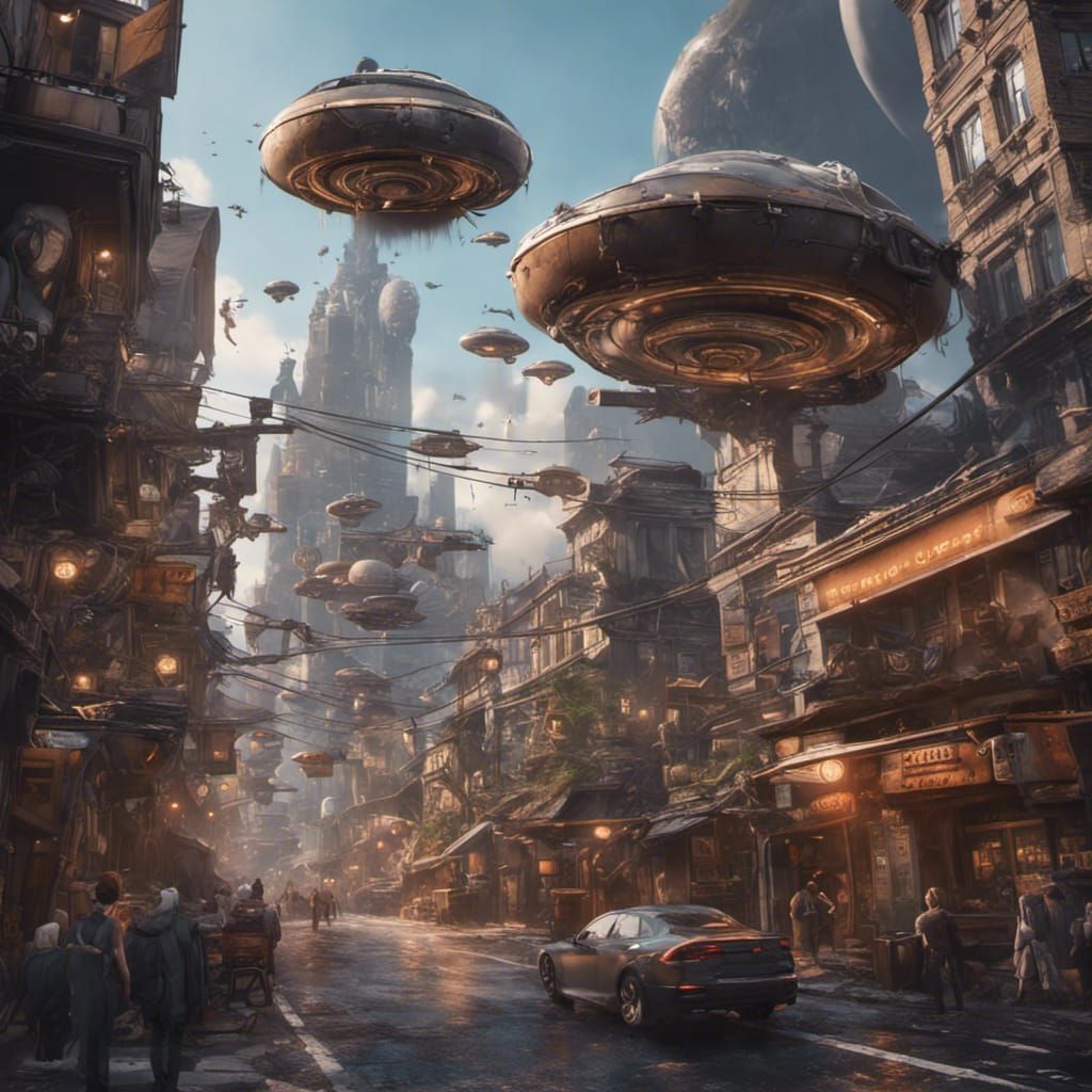 Fantastical Cityscape with Flying Cats and UFOs