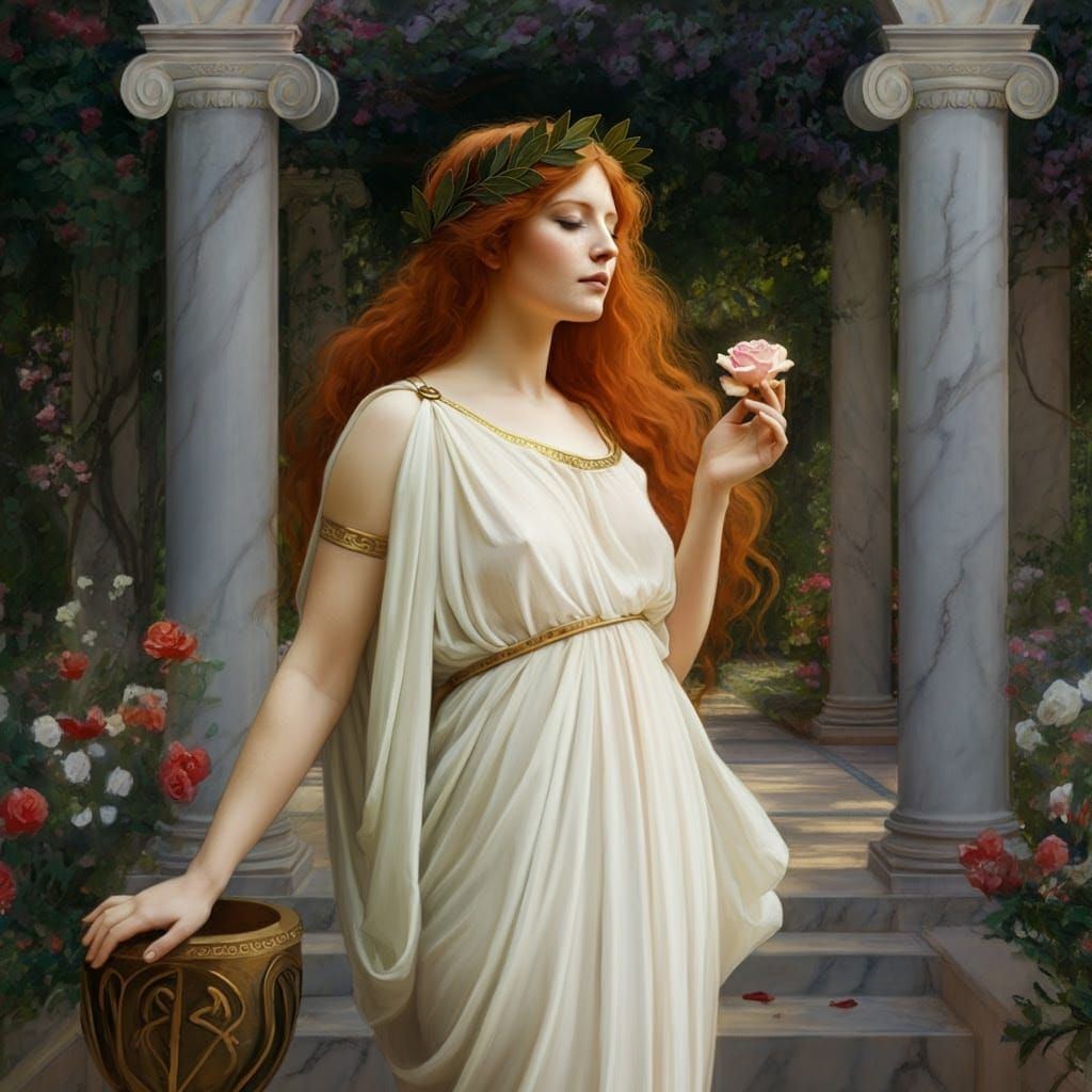 Greek Princess in Royal Garden, with Ginger Hair and White P...