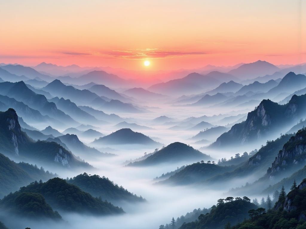 Serene Chinese Misty Mountains at Sunset