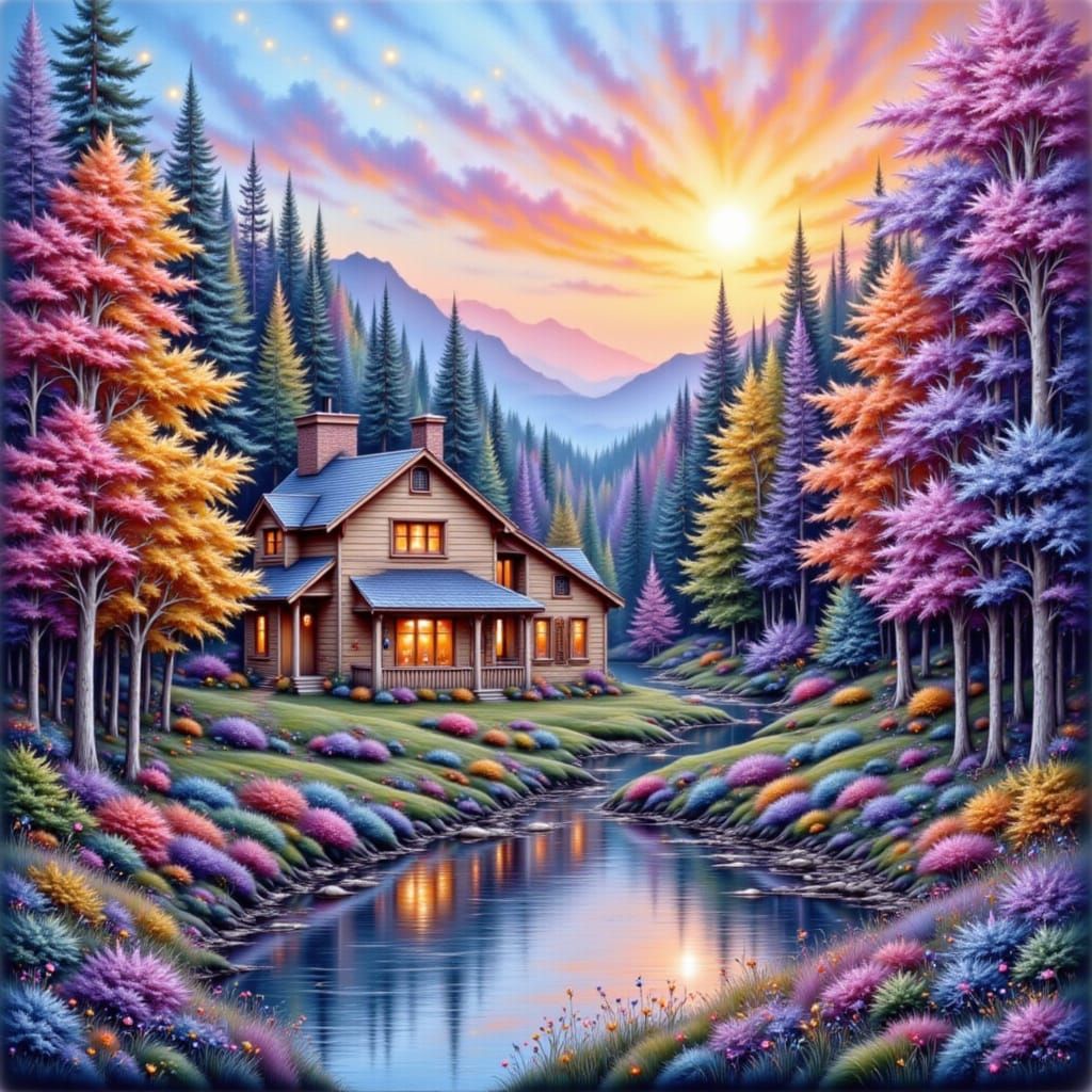 Pastel Rainbow Cottage by Lake in Watercolor Style