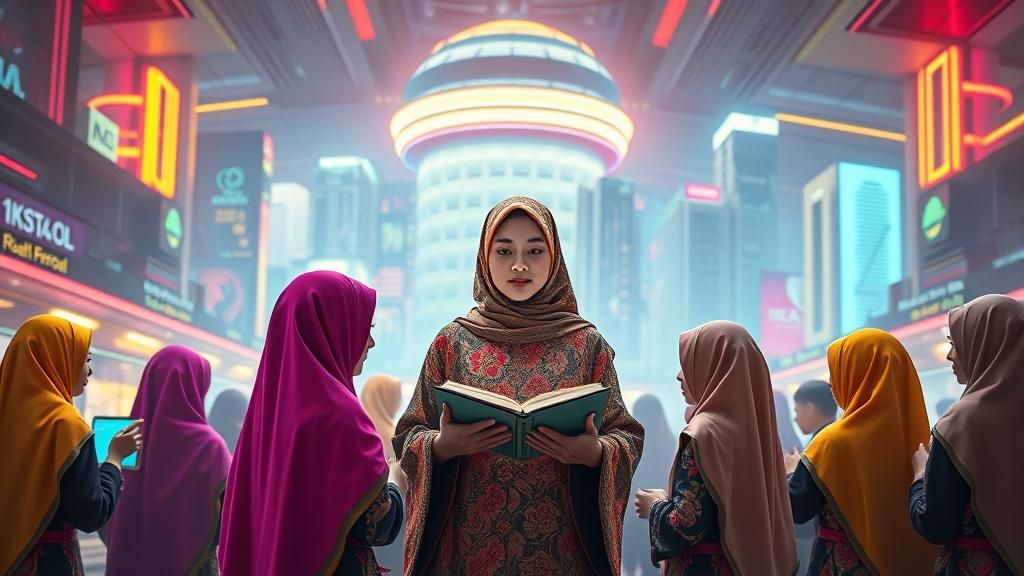 Futuristic Minangkabau Woman Scholar in Synthwave Cityscape
