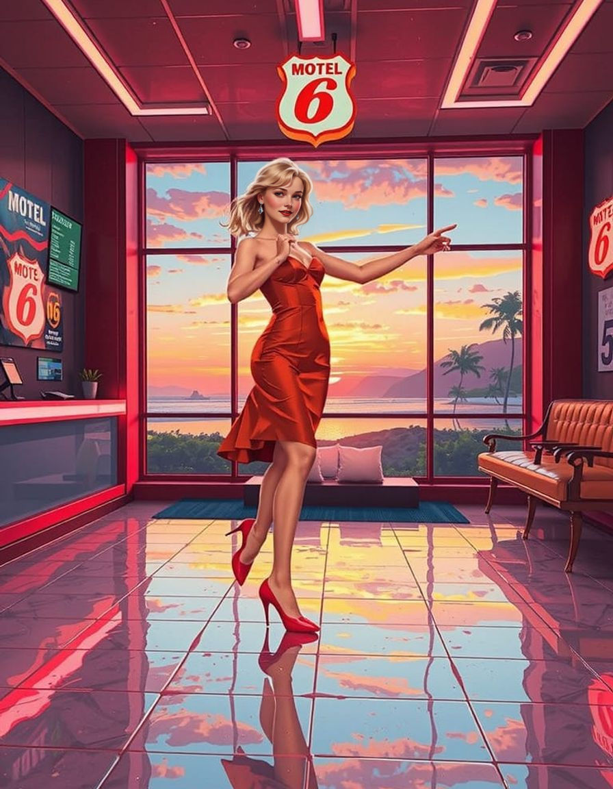 Art Deco Woman Dances in Motel Sunset