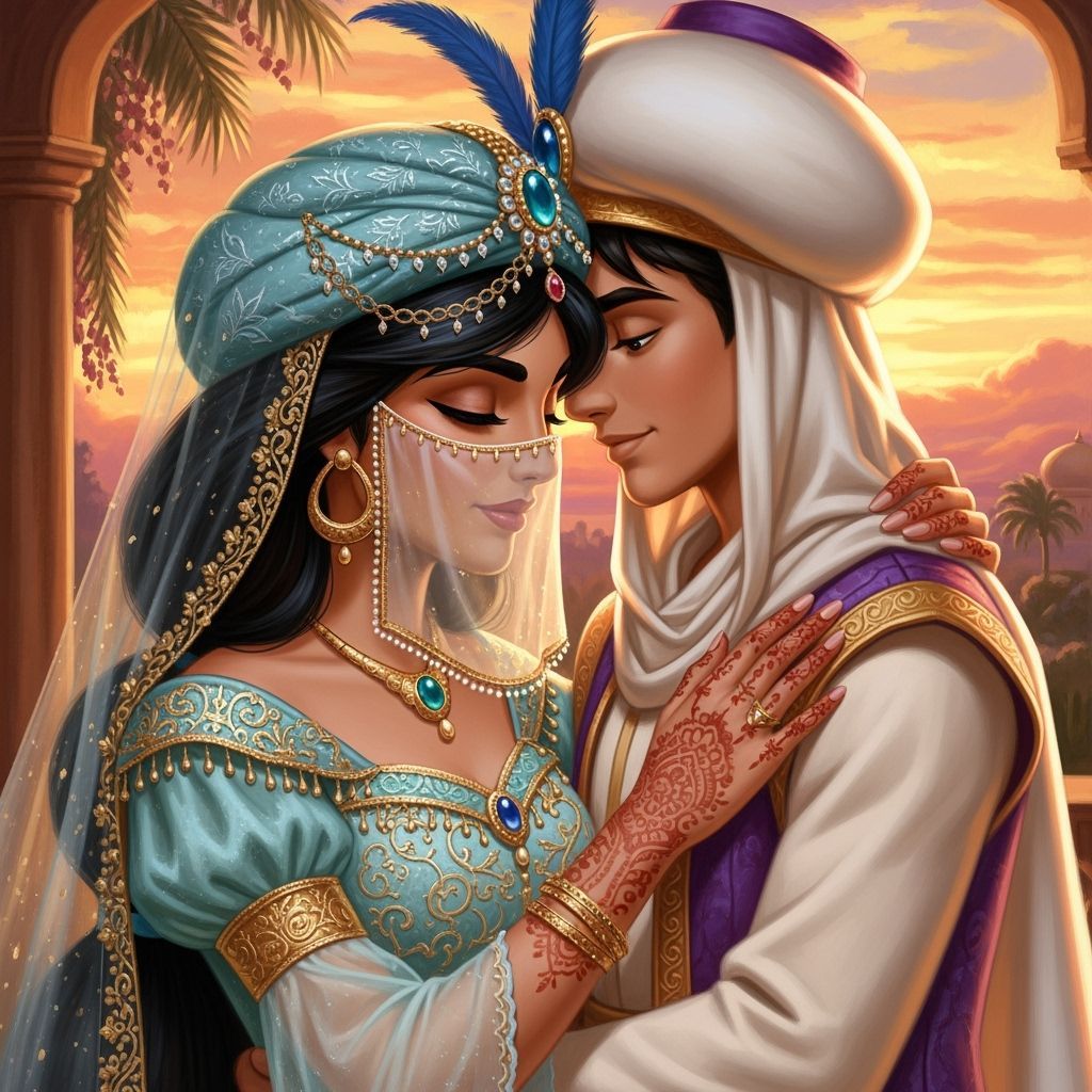 Arabian Bride Jasmine Embraces Aladdin in Sunset Glow