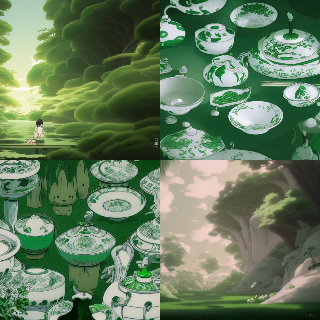 Green and White Porcelain in Anime Style
