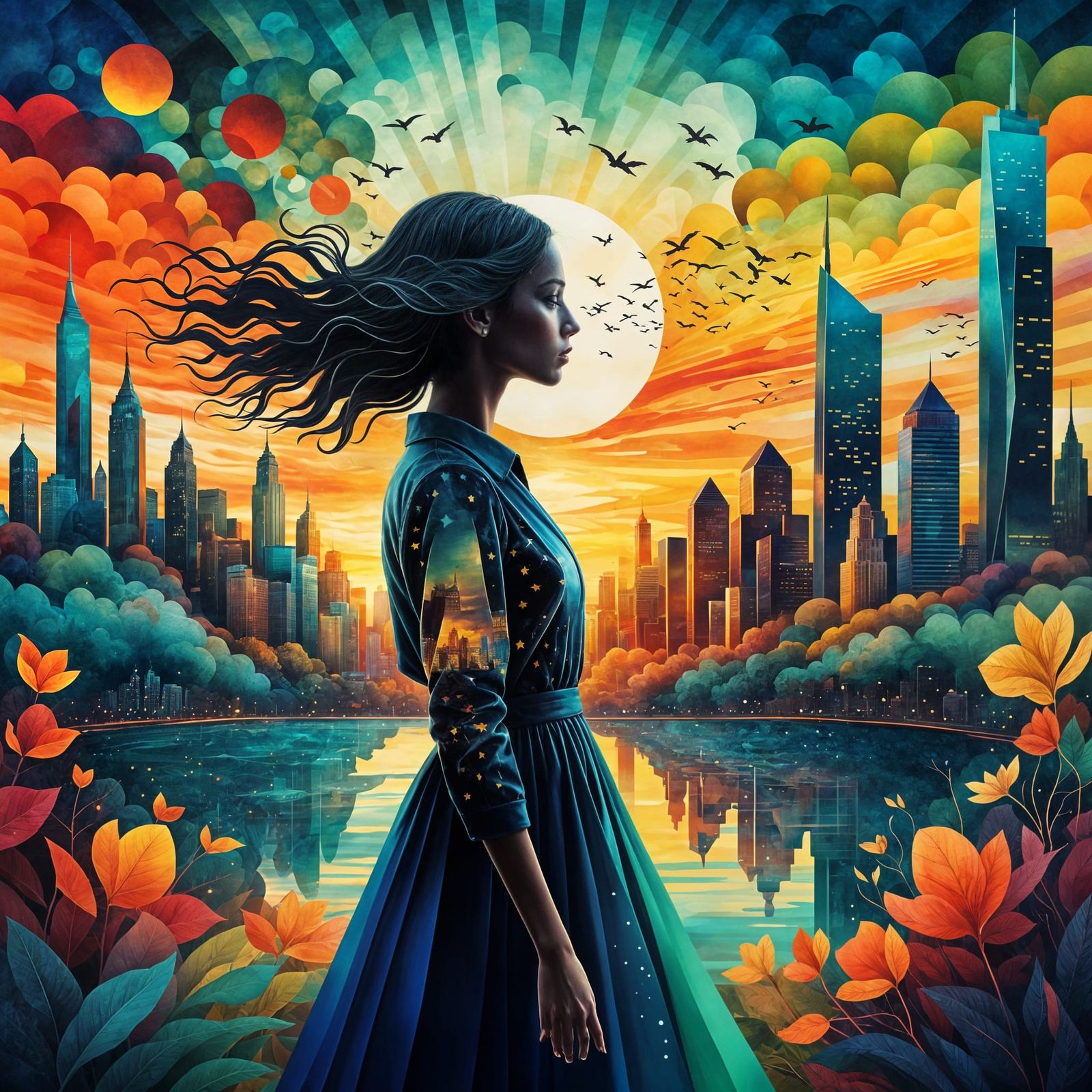 Surreal Collage of Woman at Sunset, Digital Art