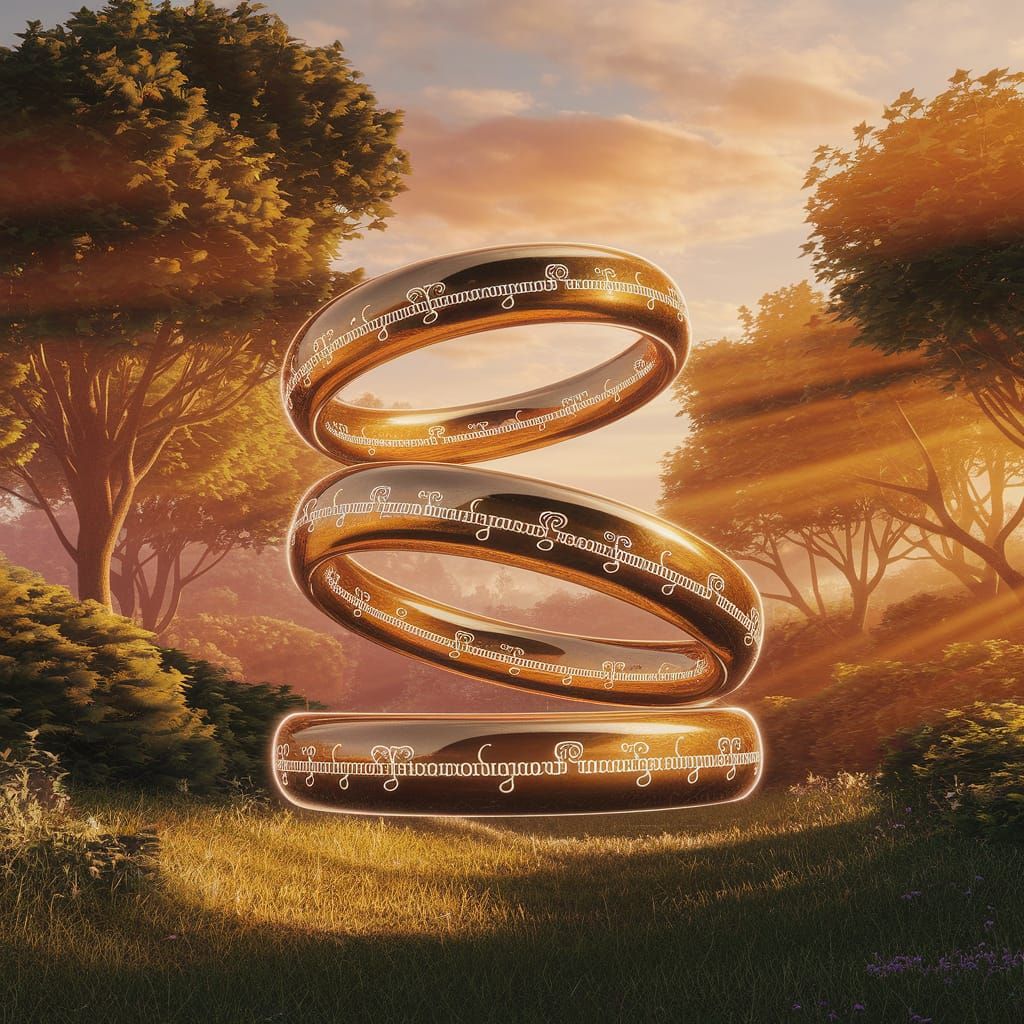 Golden Rings Hover Above Enchanted Forest in 3D Render