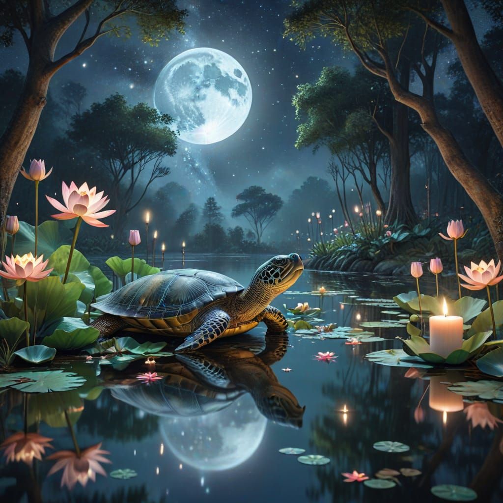 Dreamy Watercolor Forest Scene with Sea Turtle and Deer