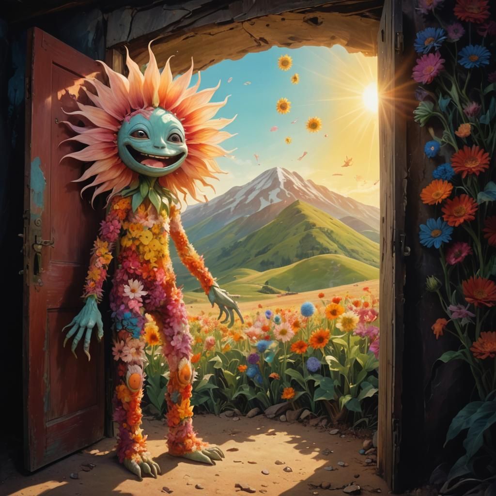 Bipedal Flower Creature in Surreal Landscape