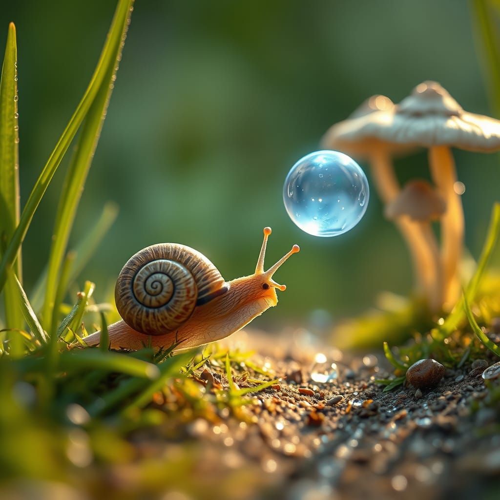 Snail Reaching for Glowing Orb in Macro Photo
