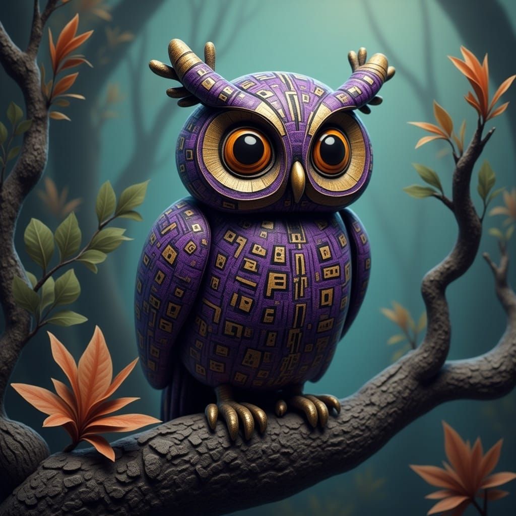 Purple and Gold Owl Doll in Dreamlike Illustration Style