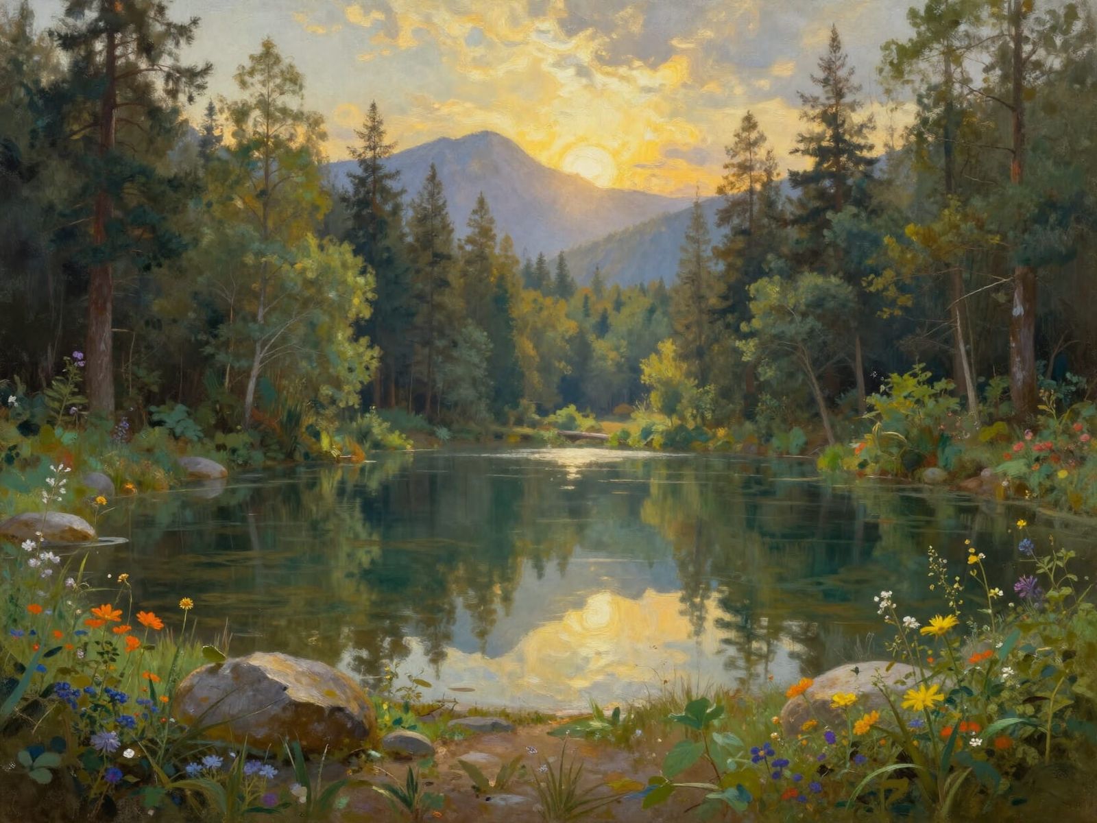 Peaceful Forest Lake Landscape with Mountains