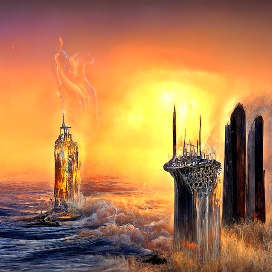 Futuristic Towers in Sea of Fire, Surrealist Style