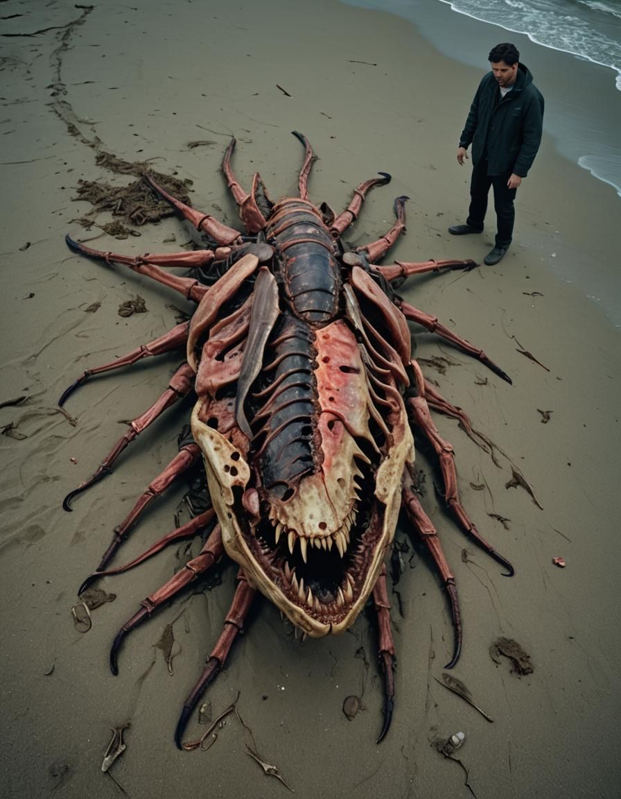 Horrific Insectoid Carcass on Beach at Night
