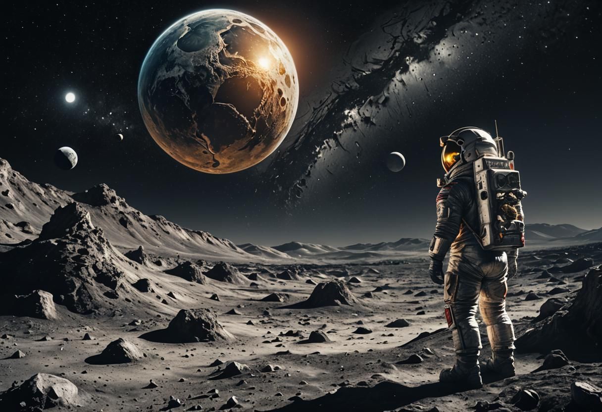 Astronaut on Moon Gazing at Earth: Hyperrealistic Art